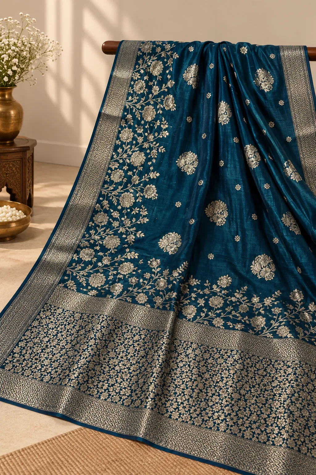 Teal and Gold Antique Brocade Sari