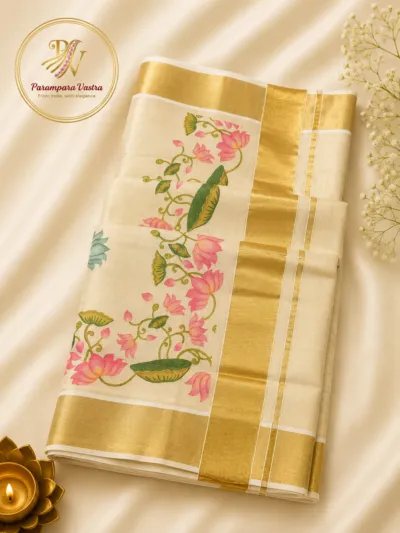 Premium Kerala Floral Kasavu Saree - Floral04