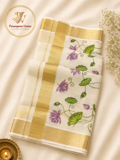 Premium Kerala Floral Kasavu Saree - Floral03