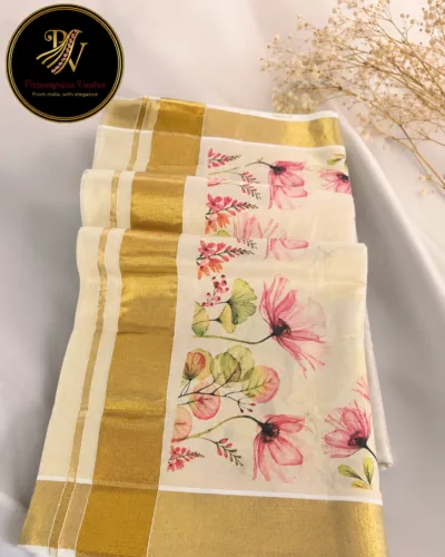 Premium Kerala Floral Kasavu Saree - Floral01