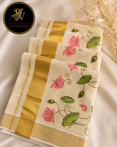 Premium Kerala Floral Kasavu Saree - Floral02