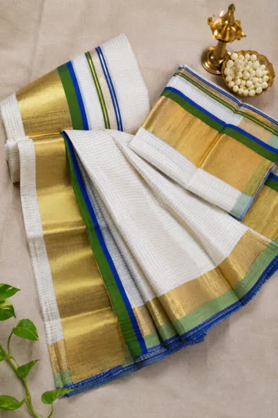 Kerala Kasavu Set Mundu with Royal Blue and Green Border - Set004