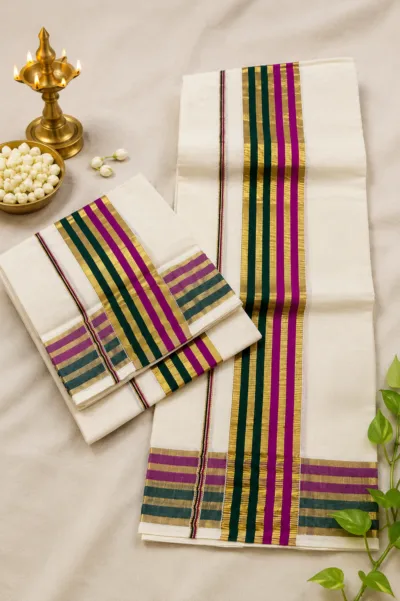 Kerala Set Mundu with Green, Magenta Border - Set06