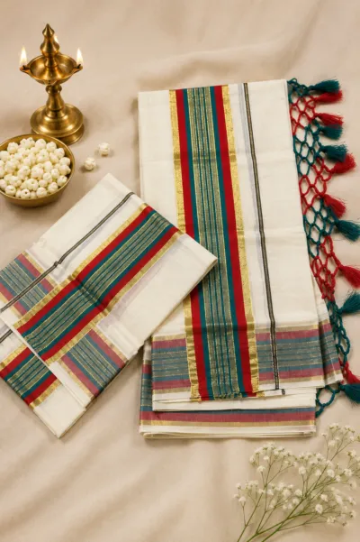 Kerala Set Mundu with Teal, Red Border - Set07