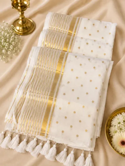 Golden and white Mul Cotton Saree - mul008