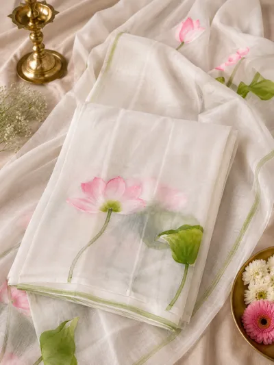 Floral Hand Painted Mul Cotton Saree - mul010