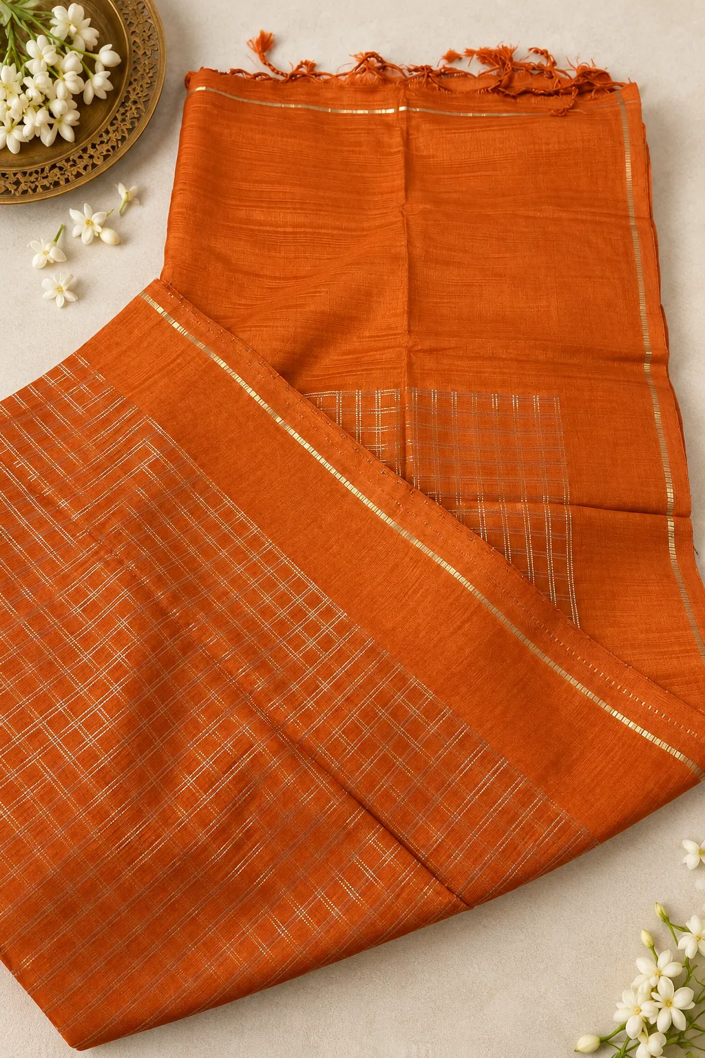 Burnt Orange Handloom Saree Flat Lay