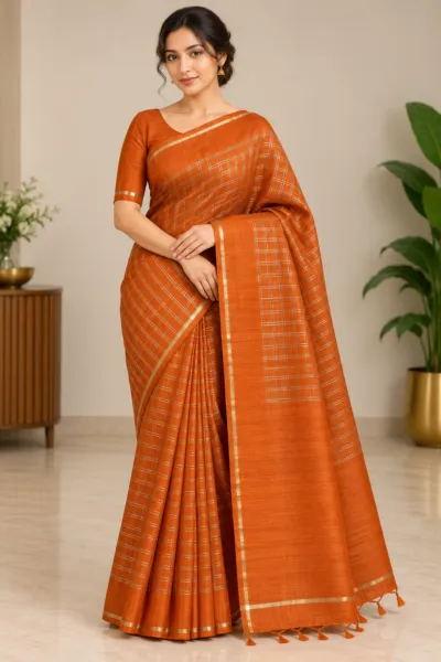 Orange Check Tussar Saree - TU011
