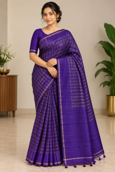 Royal Purple Check Tussar Saree - TU012